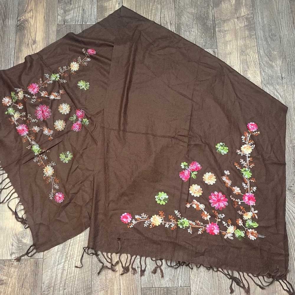 Brown Embroidered Floral Scarf Shawl Wrap‎ Fringe Women's Fashion Accessory